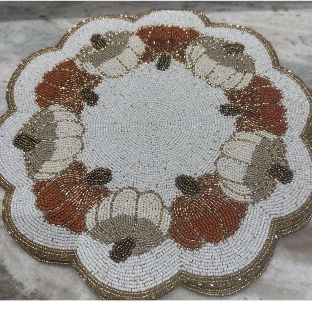 2 TAHARI Autumn Harvest  Fall Pumpkins 15” Beaded Charger Placemats Set of 2